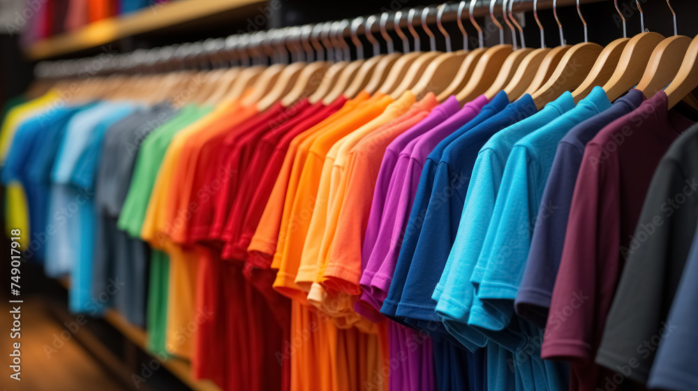 Assorted bright colorful textile simple T-shirts in clothing rack in store, selling variety of stylish, modern casual clothes hanging on hanger