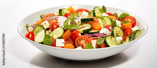 A white bowl filled with fresh cucumbers and tomatoes, creating a colorful and appetizing salad. The vibrant green cucumbers contrast with the bright red tomatoes, making for a visually appealing dish