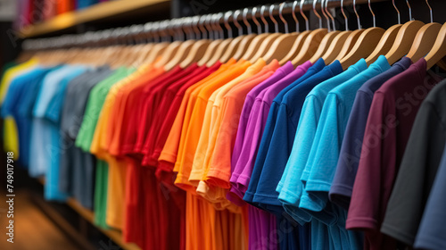 Assorted bright colorful textile simple T-shirts in clothing rack in store, selling variety of stylish, modern casual clothes hanging on hanger