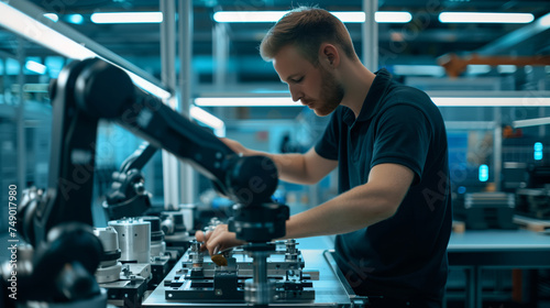 Selective focus at male engineer in casual work attire fine-tunes the components of a sophisticated robotic arm in a high-tech manufacturing environment.