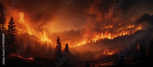 A devastating wildfire rages through a dense forest at night, with flames consuming trees and spreading rapidly. The scene is chaotic and destructive as the fire engulfs the natural habitat.
