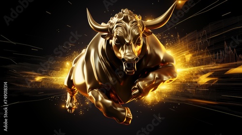 Furious golden glowing bull galloping in dark, crypto bull run sign concept, 3d digital art style, banner