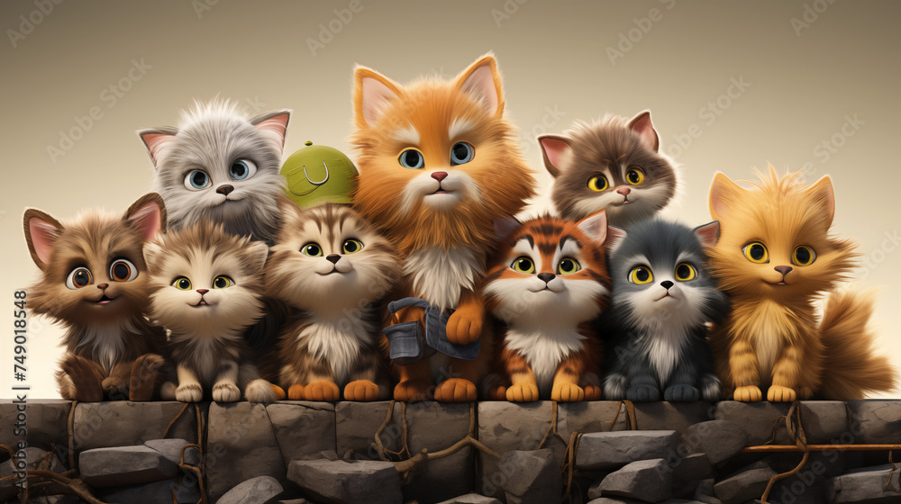Many Cat Animation 3d cartoon many cats with smiling face isolated in white background ...