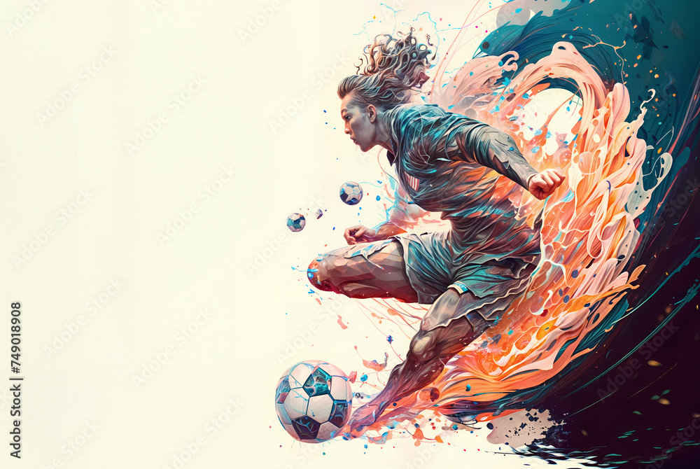 Abstract soccer player kicking a soccer ball with splashing of orange, blue, and red colors surrounding him on white light white background. Copy space for text or design - obrazy, fototapety, plakaty 