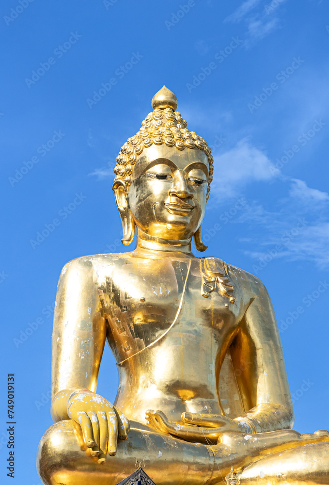 Big Buddha Chiangrai Chiangmai Golden triangle on borders of thailand Laos Myanmar. Big golden Buddha statue situated Mekong River in middle of 3 countries 