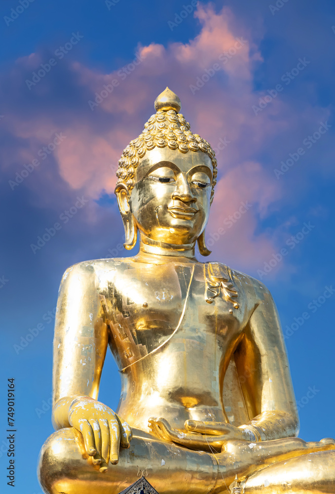 Big Buddha Chiangrai Chiangmai Golden triangle on borders of thailand Laos Myanmar. Big golden Buddha statue situated Mekong River in middle of 3 countries 