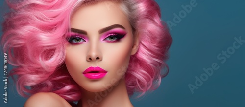 A fashion model  a woman with pink hair  and vibrant pink lipstick stands out in this portrait. Her glamourous look features flawless makeup  emphasizing her beauty and style.