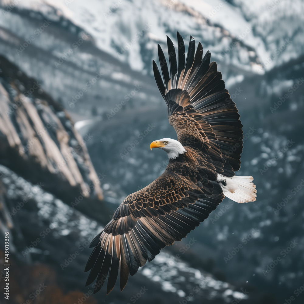 Naklejka premium Majestic Bald Eagle Soaring Over Snowy Mountain Landscape