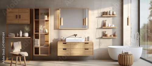 This bathroom features a sleek tub, a contemporary sink, a large mirror, and functional shelves holding towels and other accessories. The design is practical and stylish.