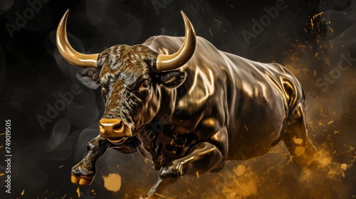 Galloping gold bull on bright background, halving bitcoin, crypto bull run sign, 3d digital artwork, concept rodeo
