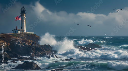 An iconic American flag fluttering proudly atop a weathered lighthouse by the rocky coastline