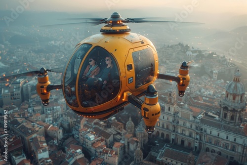 High-flying urban commute: Drone taxi transporting passengers across the city. © Oleksandr