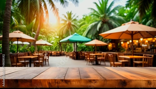 Top of wooden table on blur background with palm tree  jungle or tropical cafe  coffee shop  bar or restaurant. Using for mock up template for display of your design created with generative ai 