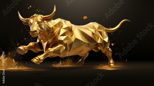 Golden bull on financial dark background, halving bitcoin concept, crypto bull run sign, 3d digital art, banner