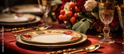 A detailed shot capturing a table set for a dinner party, featuring a vibrant red tablecloth and luxurious gold plateware. The setting exudes sophistication and elegance, perfect for a special