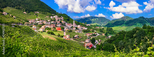 famous wine region in Treviso, Italy. Valdobbiadene hills and vineyards on the famous prosecco wine route.