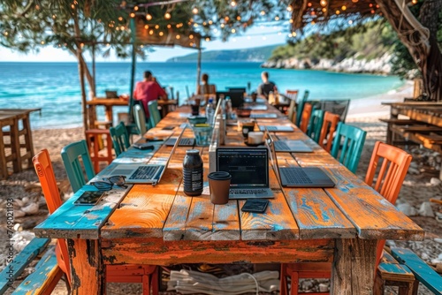 Seaside Coworking Haven: Remote Workspaces with Laptops Amidst Nature's Beauty