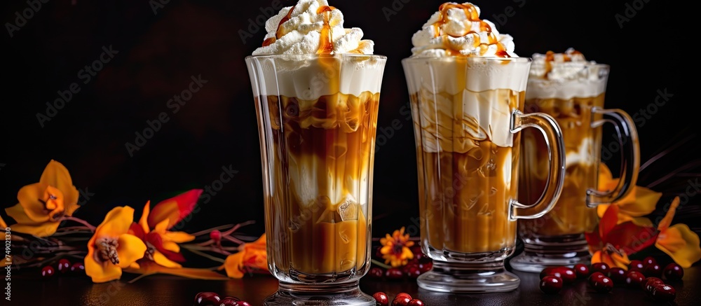 Two tall glasses filled with festive autumn beverages, topped with whipped cream and caramel sauce, sitting on a wooden table. Two tall glasses filled with festive autumn beverages, topped with whipped cream and caramel sauce, sitting on a wooden table.