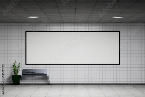 blank poster in public place. Circle light box mockup on underground subway station. Mock up empty billboard, poster media template advertisement displays underground subway station.3D rendering. © Theeraphat