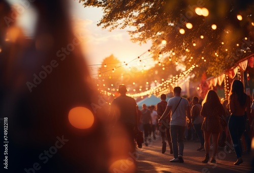 people sit at an outdoor party with string lights up