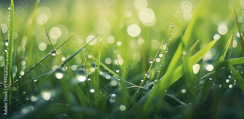 grass covered in water drops on the ground at sunrise