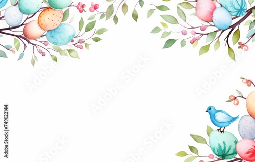 colored eggs and leaves on white background