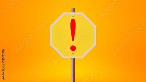 Flashing red exclamation mark on yellow road sign - 3D Render