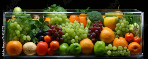 fruit and vegetables in a plastic container in a table