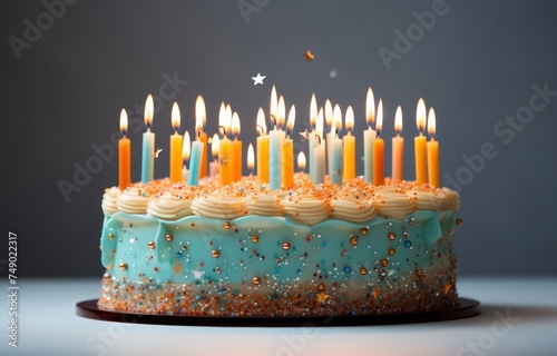 happy birthday cake with blue candlelit candles