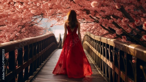 girl in red gown walking under cherry blossoms on a bridge,