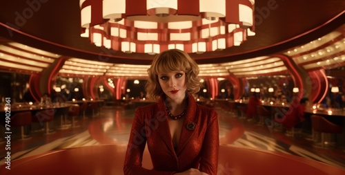 a beautiful girl in a red dress stands in a large hall