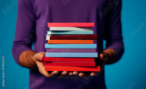 man holding stacked up book against blue background