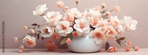peach pink flowers with leaves in a vase