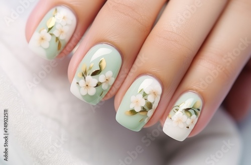 manicure with pink flowers on a woman's hand in beautiful spring scene