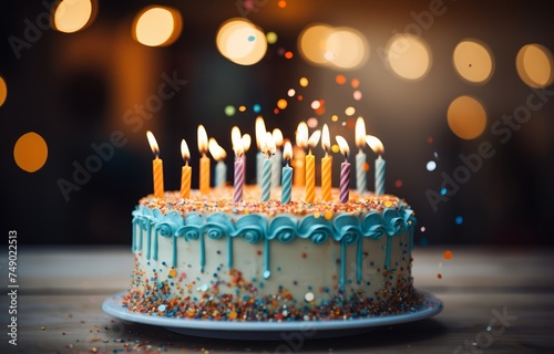 happy birthday cake with blue candlelit candles