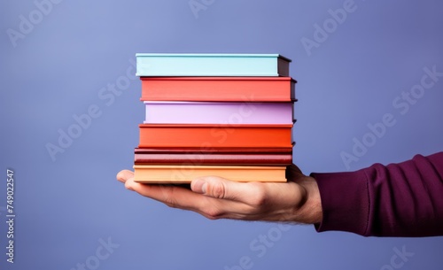 man holding stacked up book against blue background