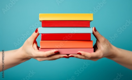 holding stacked colorful books on the hand