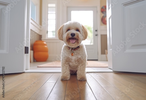 dog in indoor photo sitting by front door