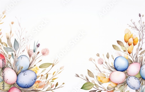 colored eggs and leaves on white background