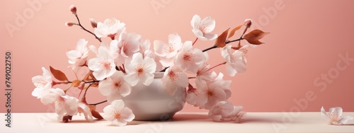 peach pink flowers with leaves in a vase