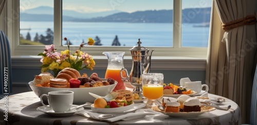 in suite gourmet breakfast on a tray overlooking the lake