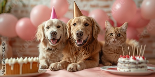 Funny friends Golden retriver and cat with party hat and birthday cake, with candeles, presentes and ballons on pink backgroung. Pets concept. have party time photo