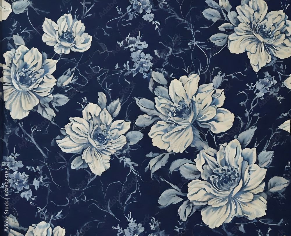 Vintage floral fabric background. Blue and white flowers on dark background