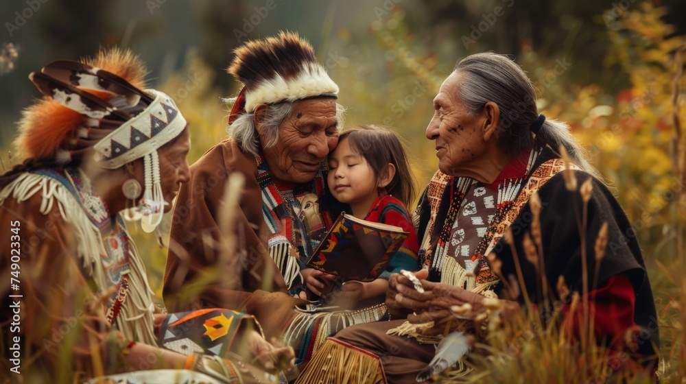 A diverse group of Native Americans of various ages gathered together in unity, sitting closely beside each other in traditional attire. A diverse group of Native Americans of various ages gathered together in unity, sitting closely beside each other in traditional attire.