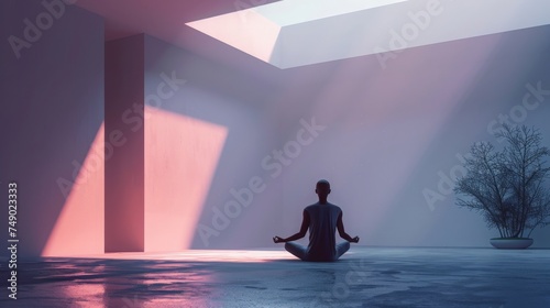 A serene figure meditates in a spacious room bathed in the soft hues of sunrise light, with a solitary tree nearby.