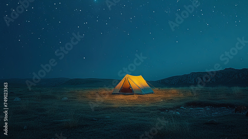 Una tienda de campaña iluminada en el campo con estrellas 