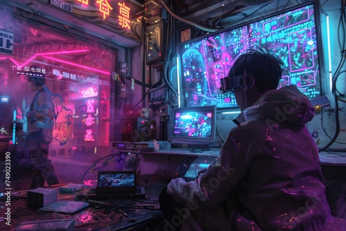A man is seated at a computer desk in a room illuminated by vibrant neon lights, lost in a world of digital creativity and innovation.