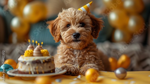 Cute maltipoo dog with party hat and birthday cake with candeles, presentes and ballons on yellow  backgroung. Pets concept photo