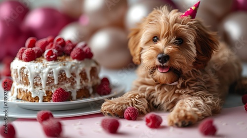 Cute maltipoo dog with party hat and birthday cake,with candeles, presentes and ballons on pink backgroung. Pets concept photo