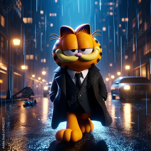 GARFIELD wears a suit and walks in the rain in the city at night.